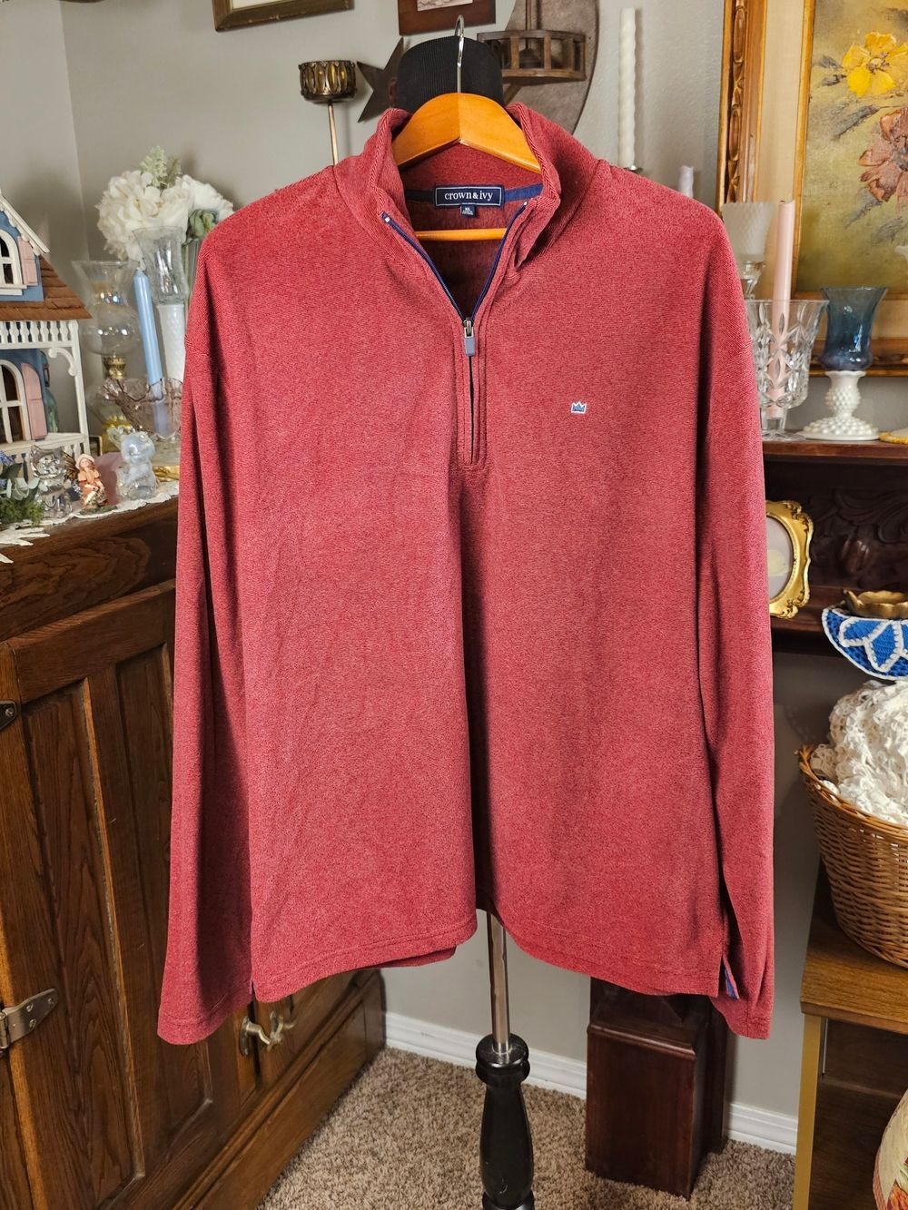 Crown & Ivy Mens Quarter Zip Pullover Red Heather NWT XL